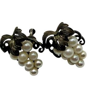 Vintage Pearl Grape Cluster Earrings-Marked SILVER-Threaded Posts-Ming’s Style